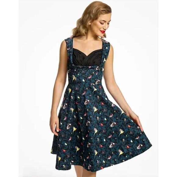 Lindy Bob Ophelia Blue Bird Print Fit & Flare Dress Retro 50s Pinup, Size XS - Picture 2 of 13
